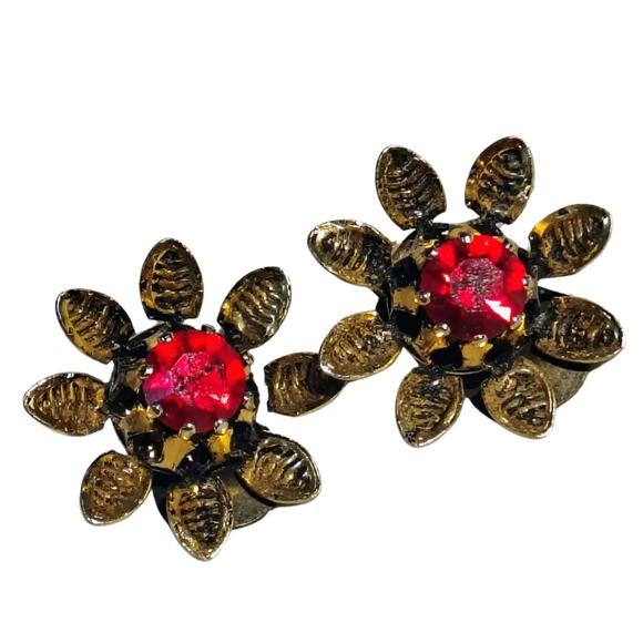 1990s Red Faceted Crystal Flower Gold Clip On Earrings Signed Austria - Picture 3 of 5